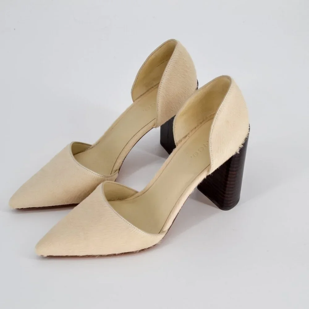 Vince Prim D'Orsay Calf Hair Pointed Toe Pump Cream Stacked Block Heel Size 7 - Picture 4 of 7